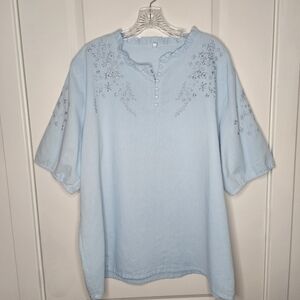 Womens Vintage Floral Embroidered Light Blue Top Size XL Oversized Boho Top